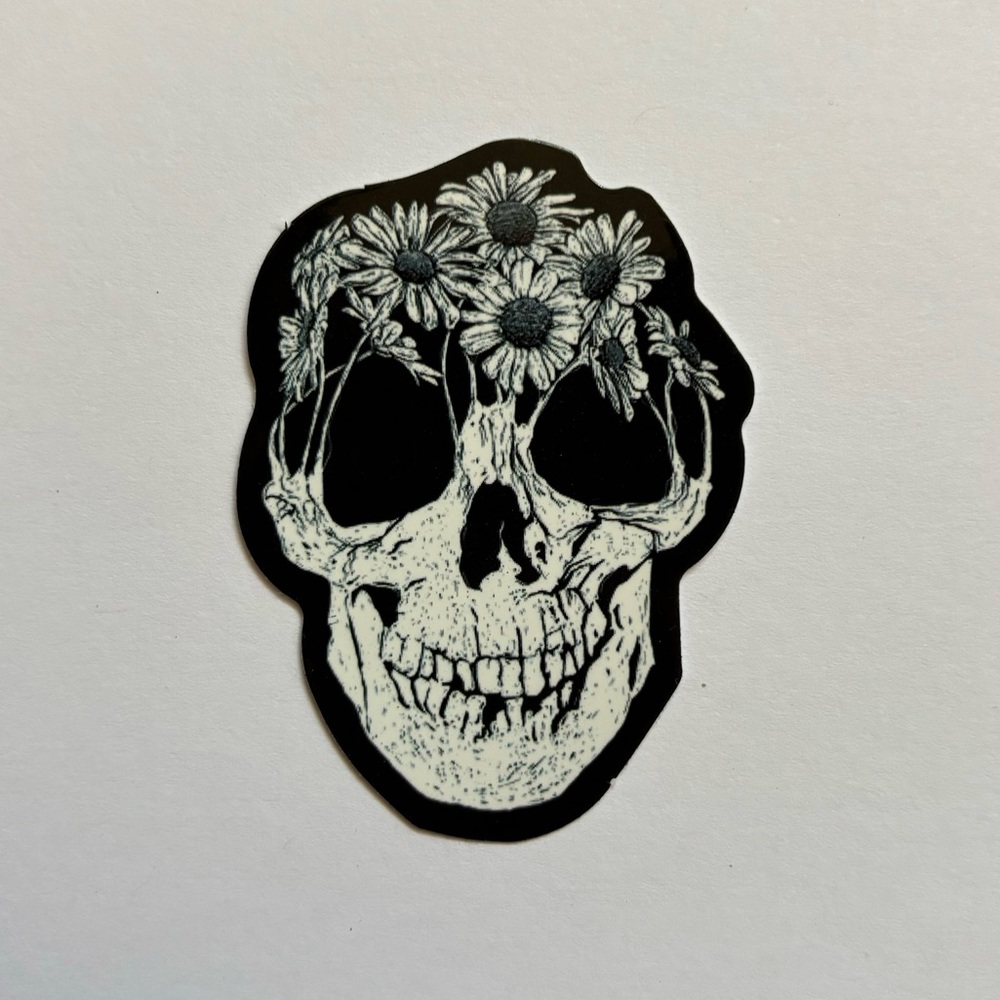 Black & White Skeleton Skull with Floral Headband Waterproof Sticker